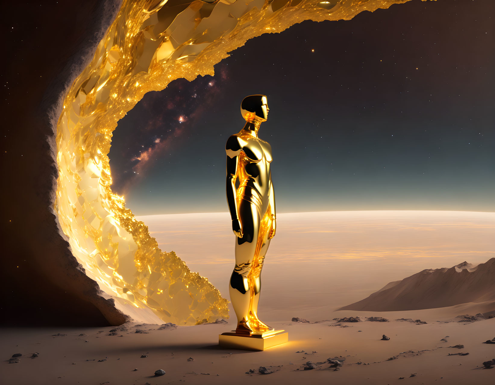 Golden humanoid figure in alien landscape with fiery swirl and dusky sky