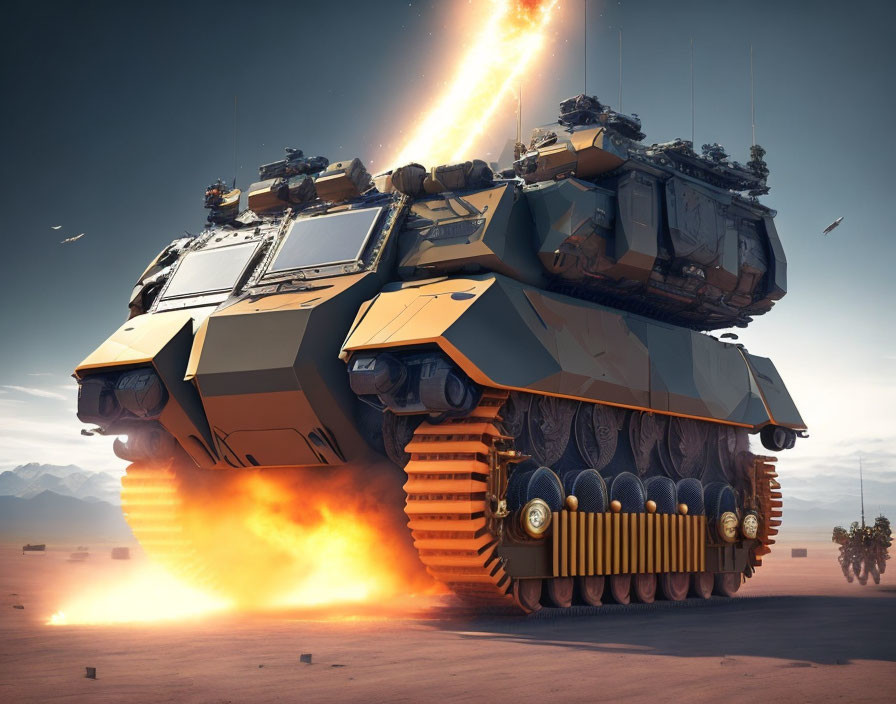 Futuristic tank with high-energy weapon in desert landscape