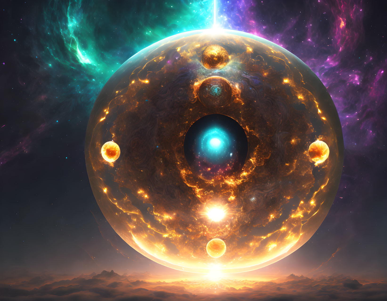 Large spherical structure with glowing orbs in cosmic scene.