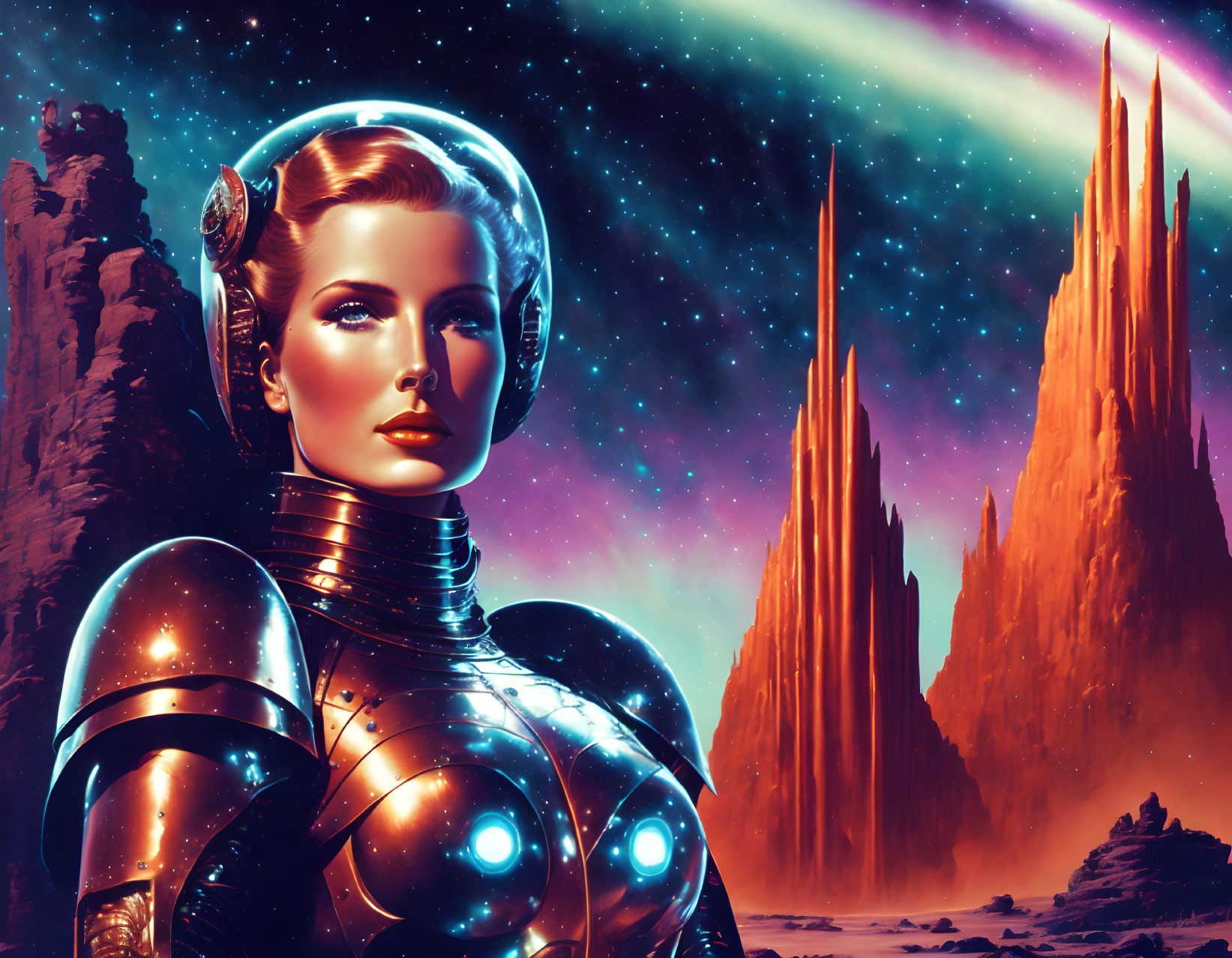 Metallic female android in surreal landscape with aurora backdrop