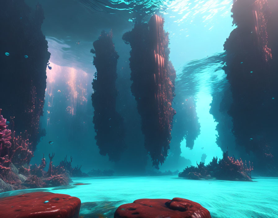 Underwater scene with tall rock formations, light beams, and red coral structures