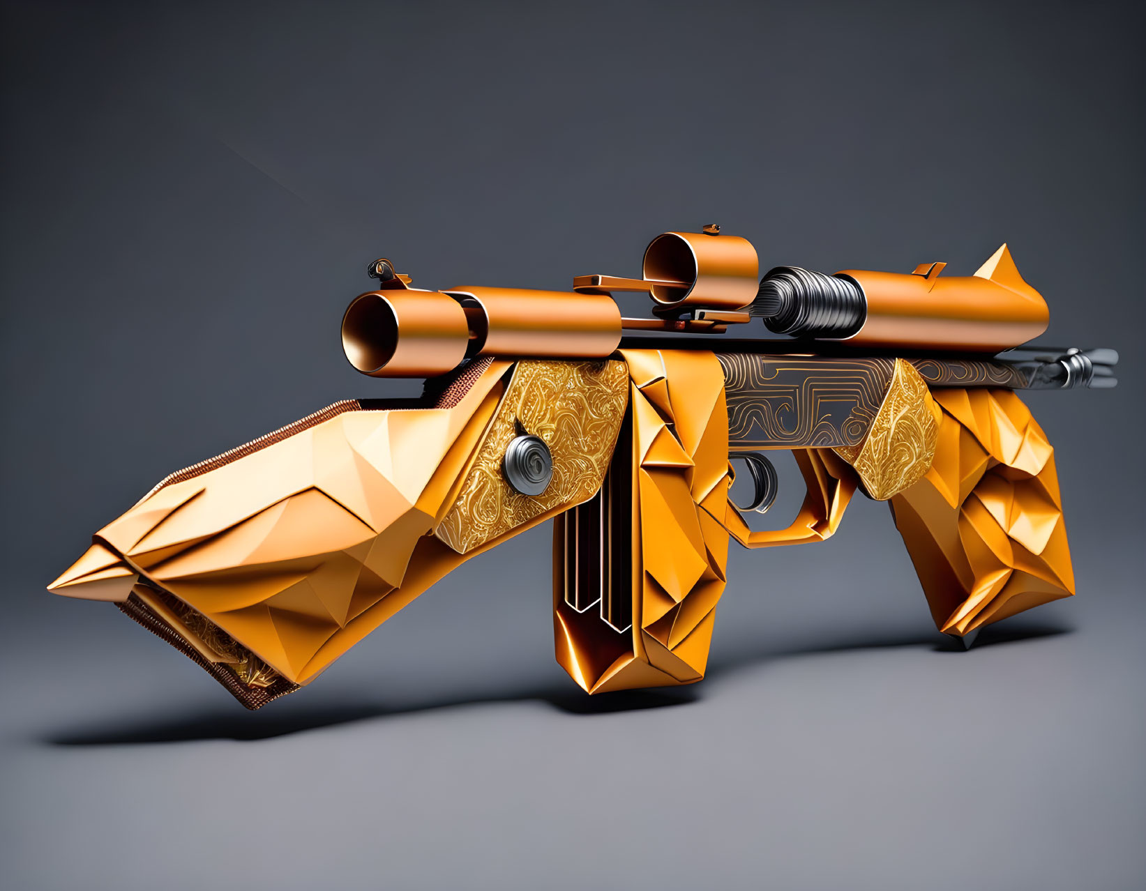 Stylized futuristic gun with origami design on grey background