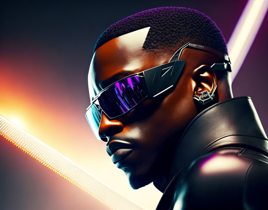 Fashionable man with futuristic sunglasses and sharp haircut on vibrant background.