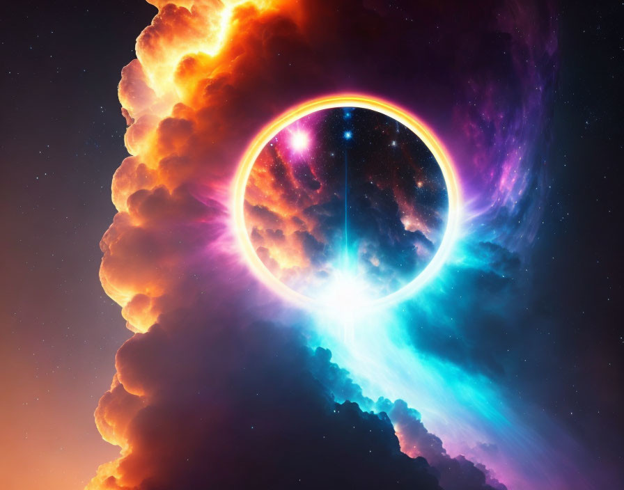 Glowing ring eclipse and colorful nebulous clouds in starlit space