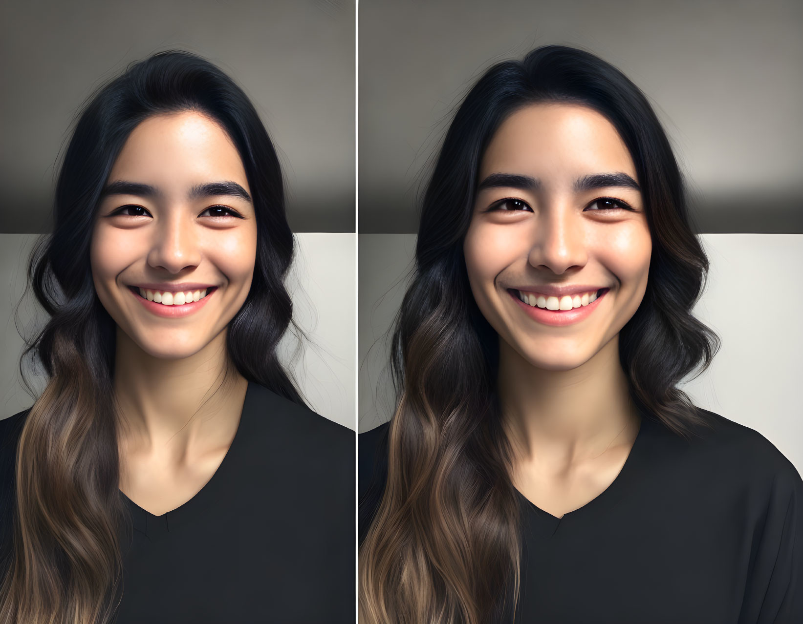 Smiling woman's portrait: Before and after retouching