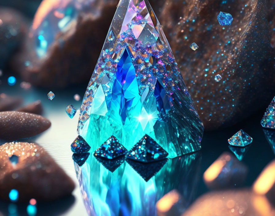 Vivid Blue Crystal Surrounded by Sparkling Gems and Rocks