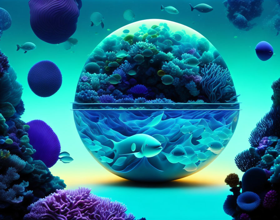 Colorful spherical aquarium with coral, fish, and marine plants on teal backdrop