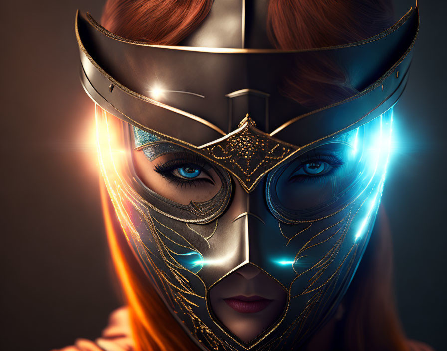 Red-haired woman in golden mask with blue lines on dark background