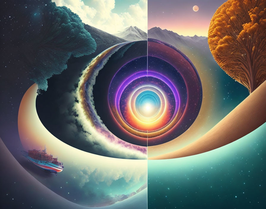 Split surreal scenery: celestial and terrestrial elements blend in infinite loop