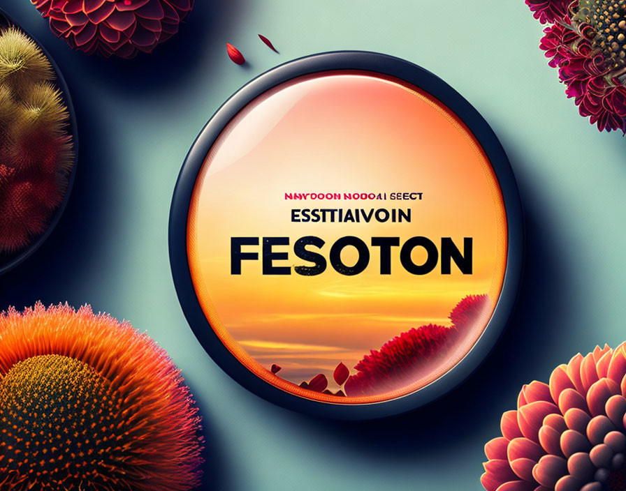 Colorful Graphic Design with "FESOTON" Button Amid Sunset and Floral Patterns