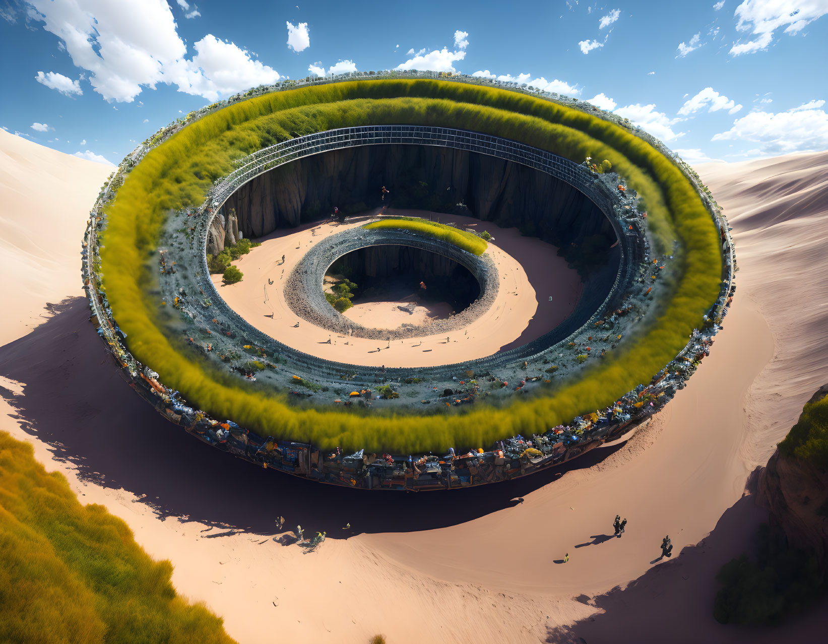 Circular surreal landscape with grassy layers, desert sands, and explorers.