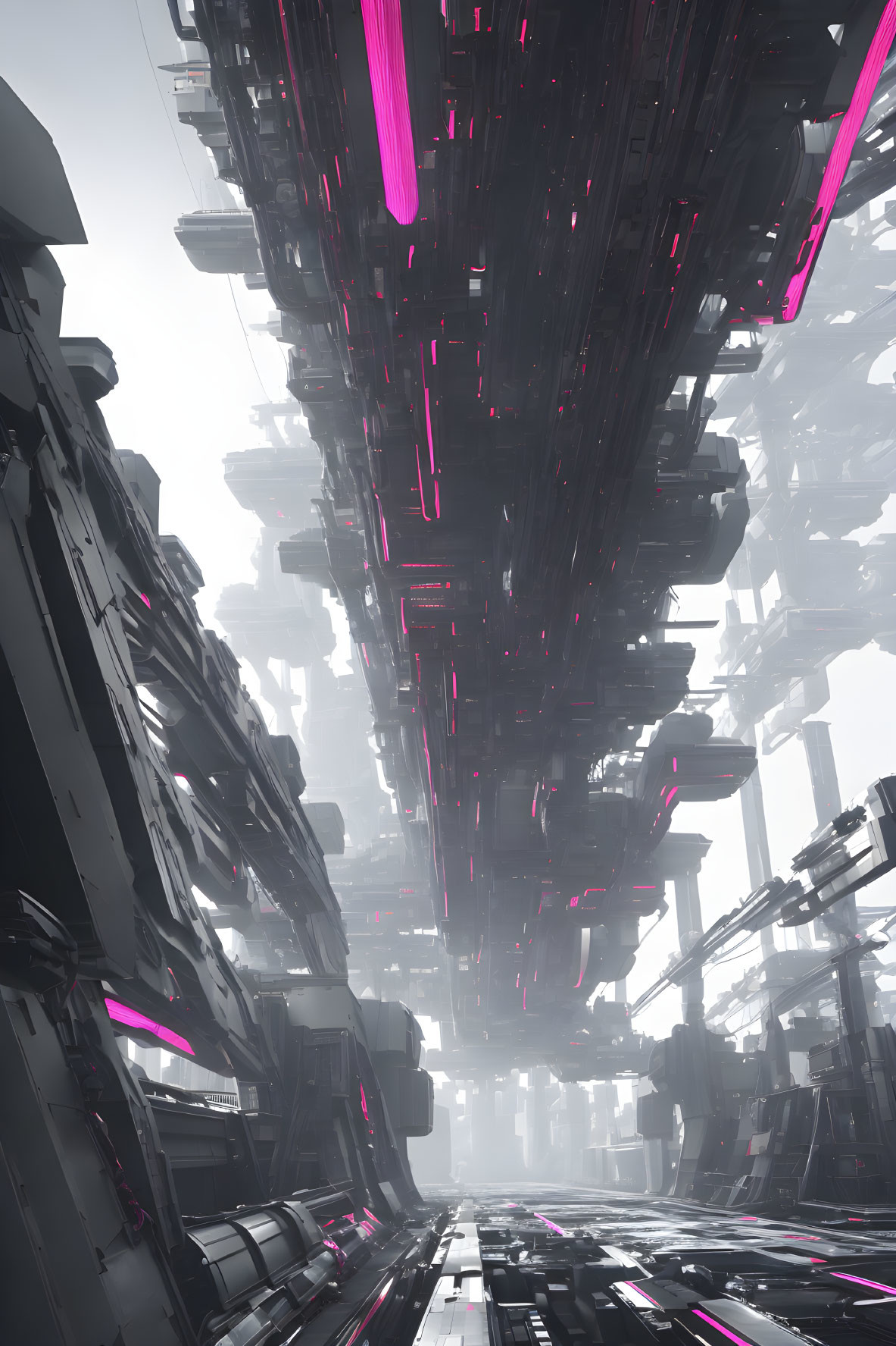 Futuristic cityscape with magenta-lit buildings under cloudy sky