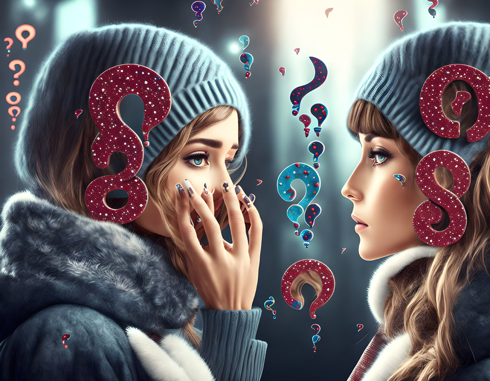 Two women with question mark mask in surreal setting