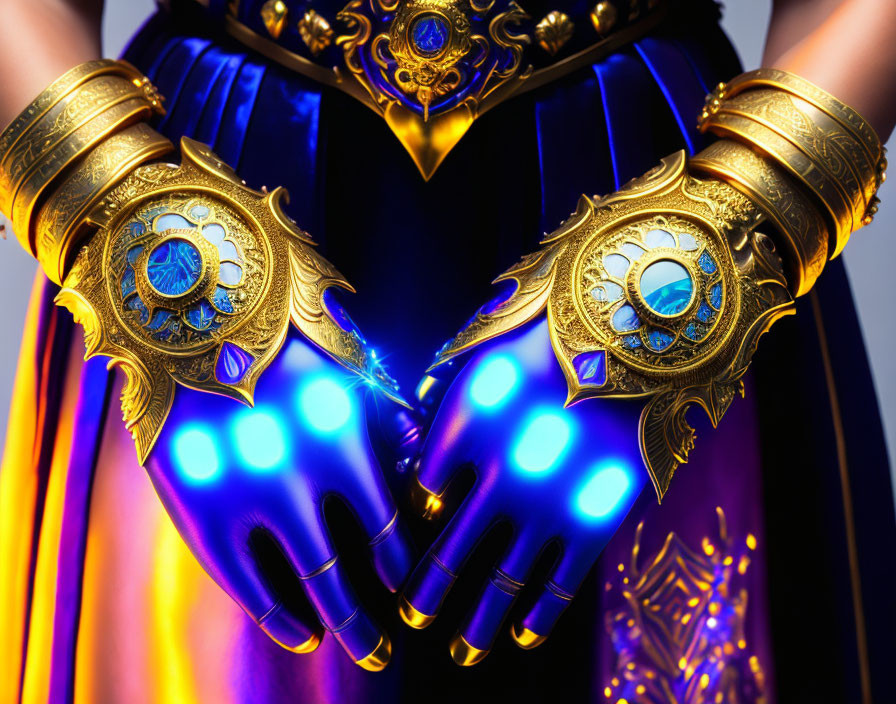 Detailed golden arm bracers with blue gemstones on purple and gold costume.