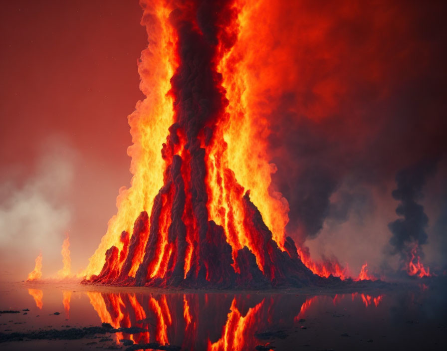 Majestic volcanic eruption with bright lava streams and dark smoke reflected in water