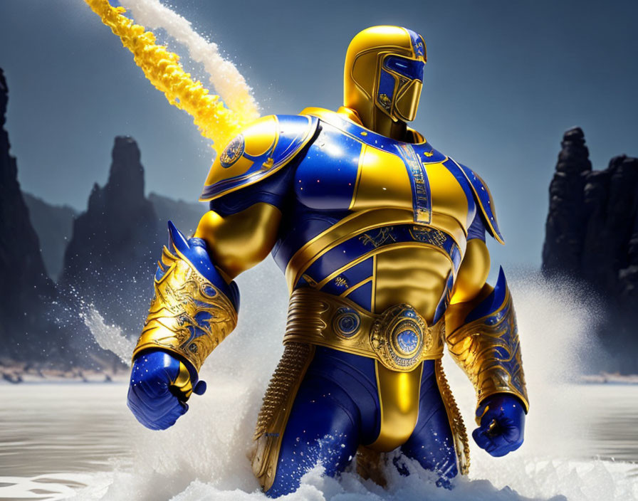 Blue and Gold Armored Heroic Character with Beam of Light