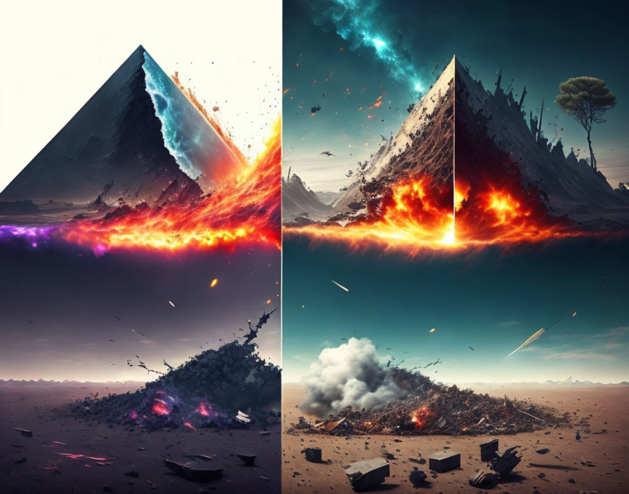 Surreal digital artwork: Floating mountain halves, icy and ablaze, with lone tree