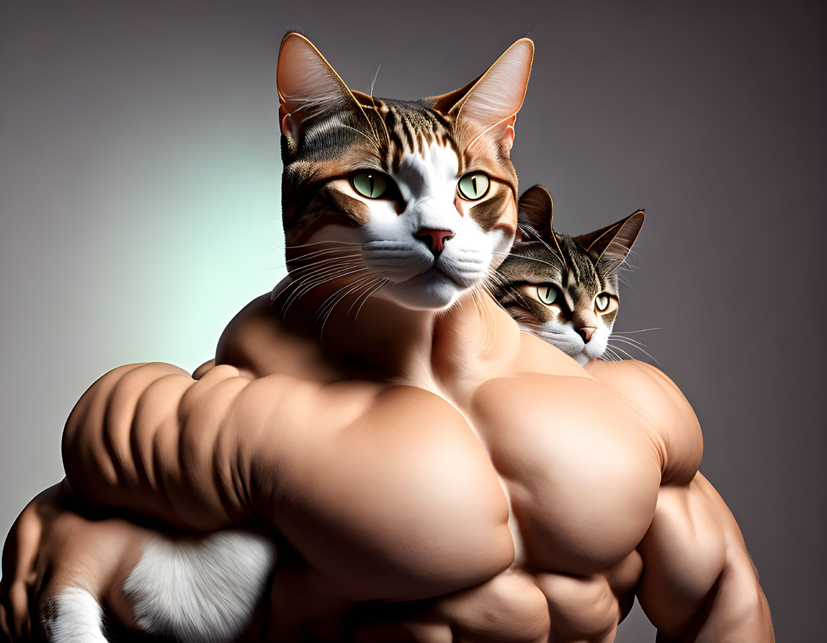 Surreal illustration: Cat heads on muscular bodybuilder's body