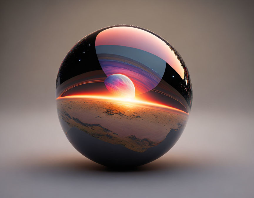 Surreal landscape with celestial bodies reflected in glossy sphere