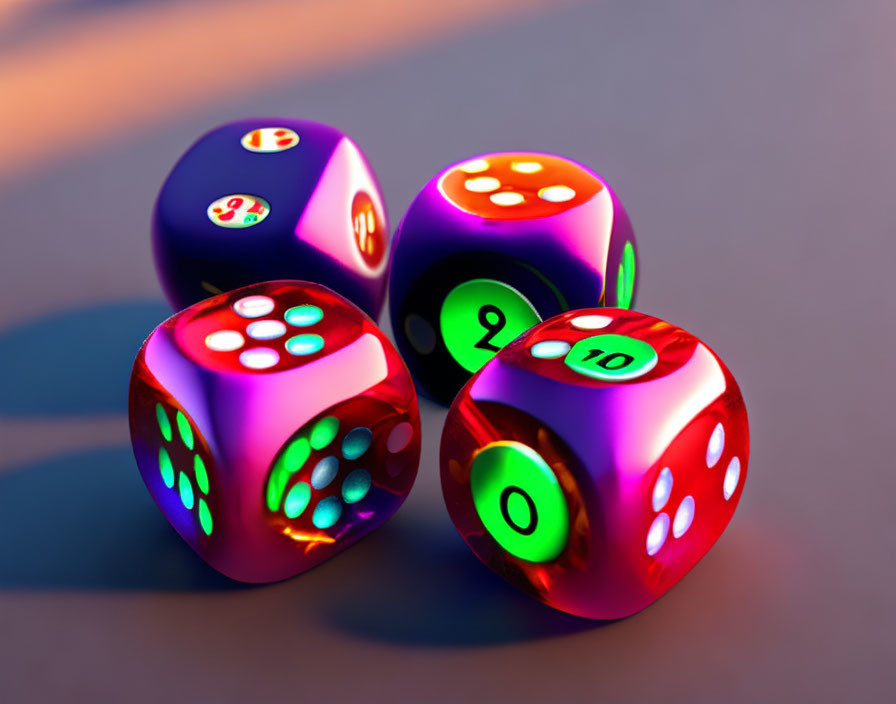 Colorful dice with numbers and dots on purplish surface, illuminated by lights