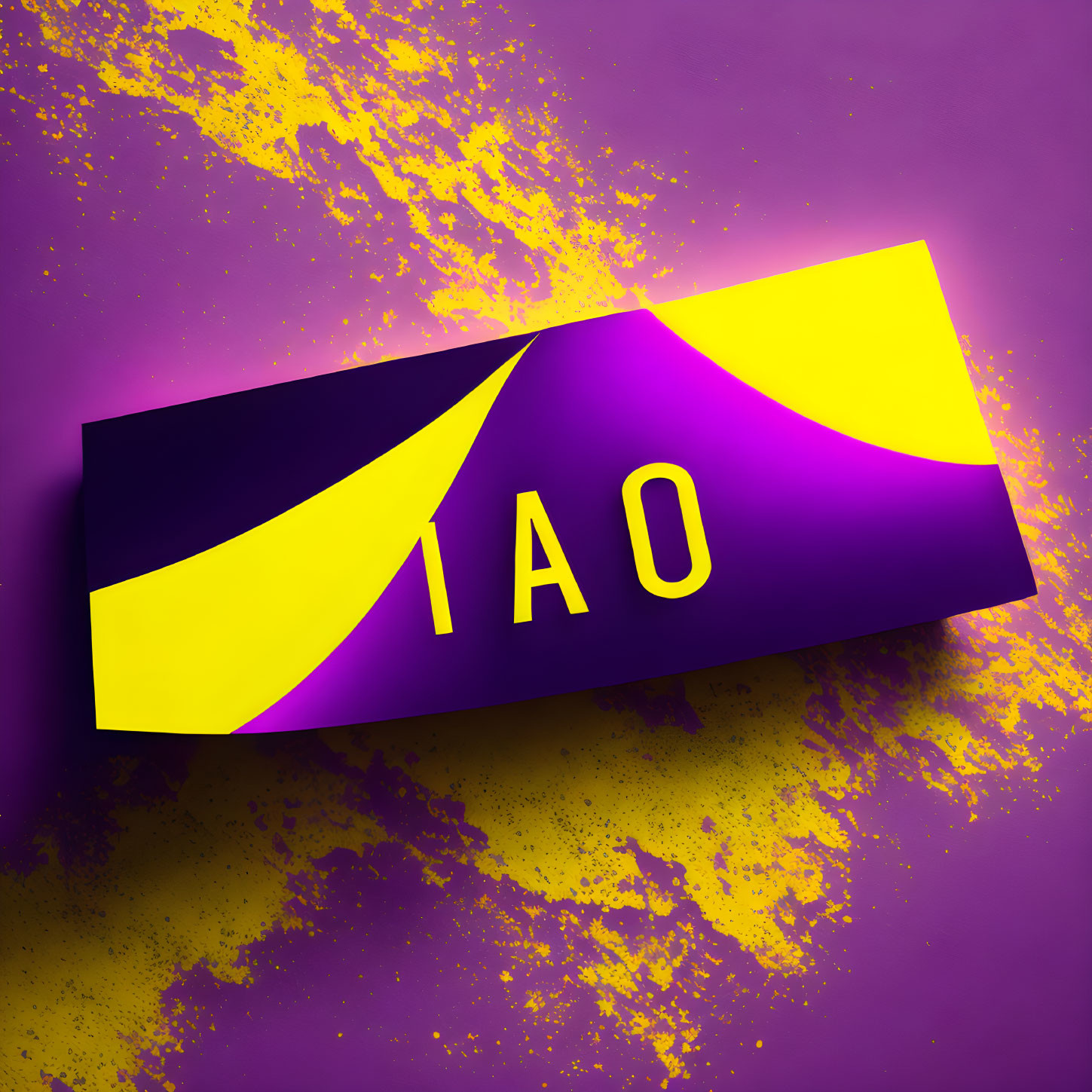 Vibrant purple and yellow graphic design with angular text on textured background