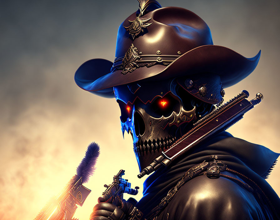 Futuristic skeleton cowboy with red glowing eyes and guns in dramatic sky scene