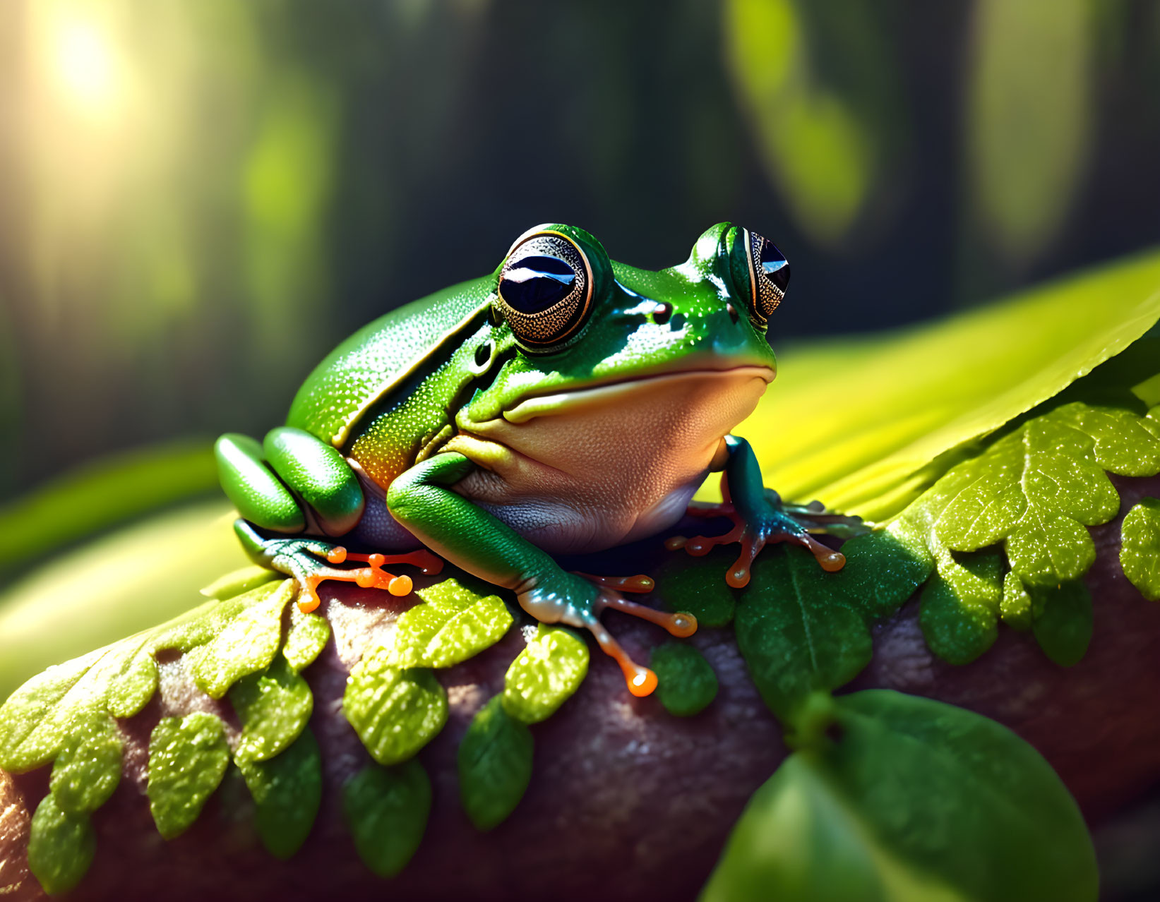 Colorful Green Frog with Orange Feet on Leafy Branch in Sunlight