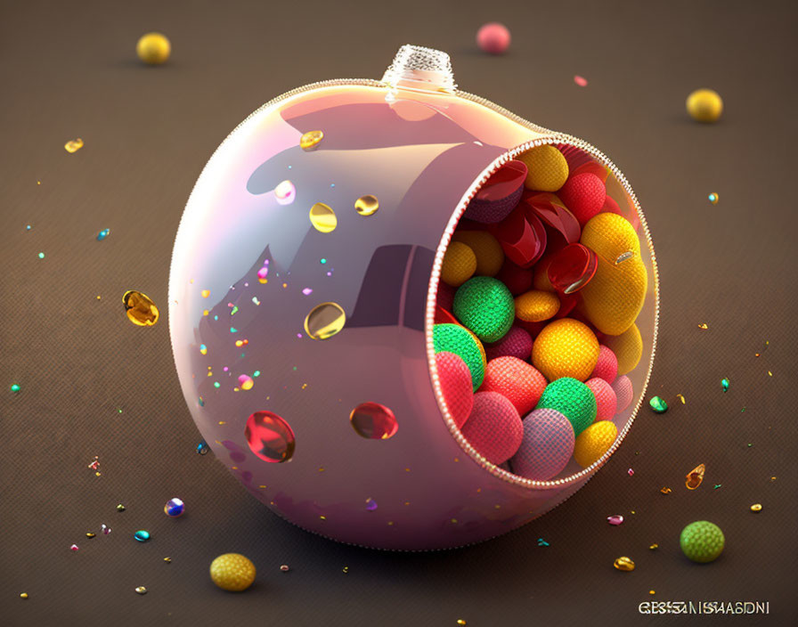 Translucent Pink Christmas Ornament with Colorful Candies and Confetti