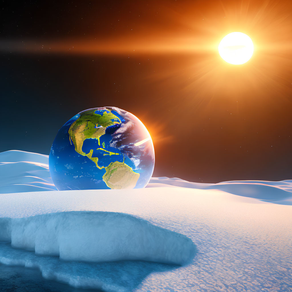 Earth rising over snowy landscape with bright sun and starry sky