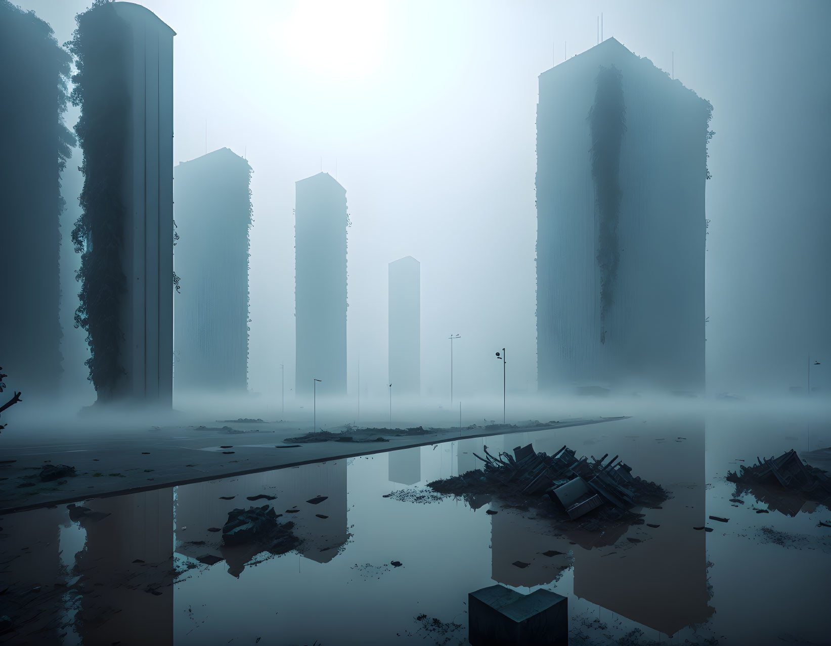 Foggy urban skyline with tall buildings and reflective water surface