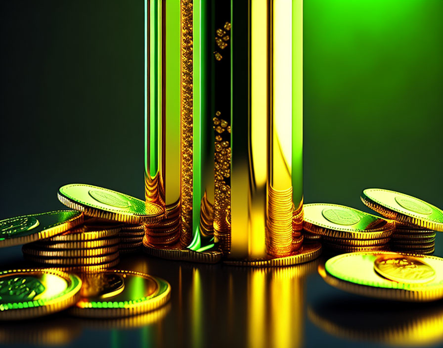 Golden bars and coins with financial motifs on reflective surface in 3D illustration