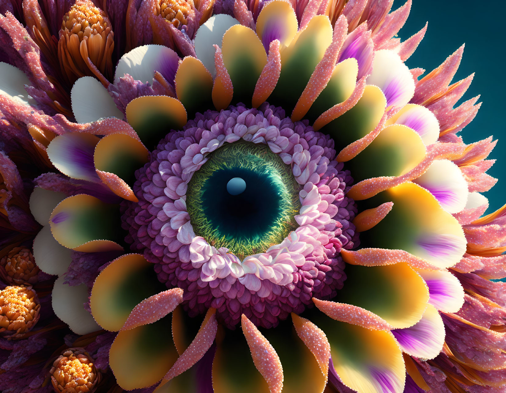 Colorful digital artwork: Eye surrounded by concentric floral patterns