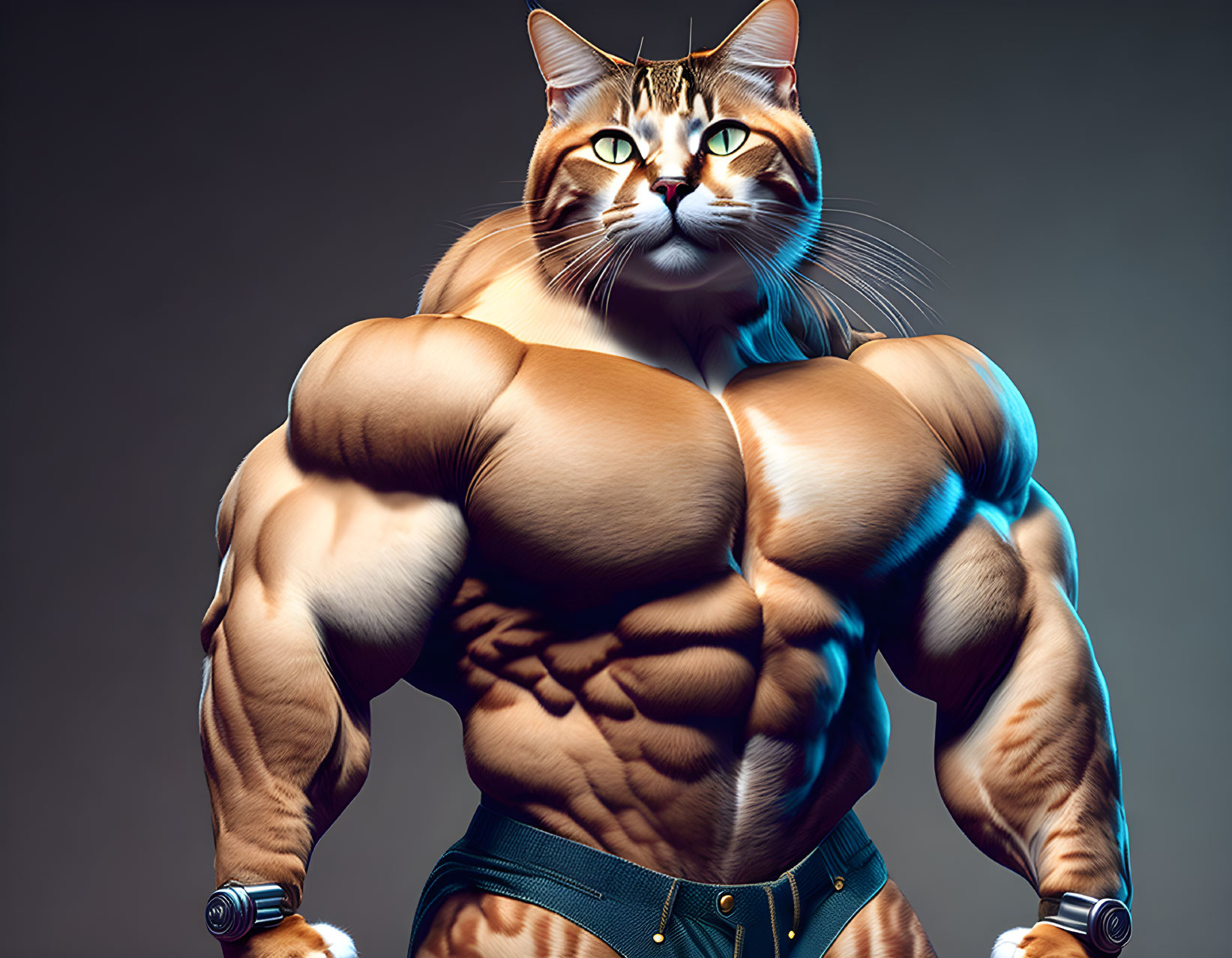 Muscular Cat with Human-Like Arms and Abs in Bodybuilder Pose