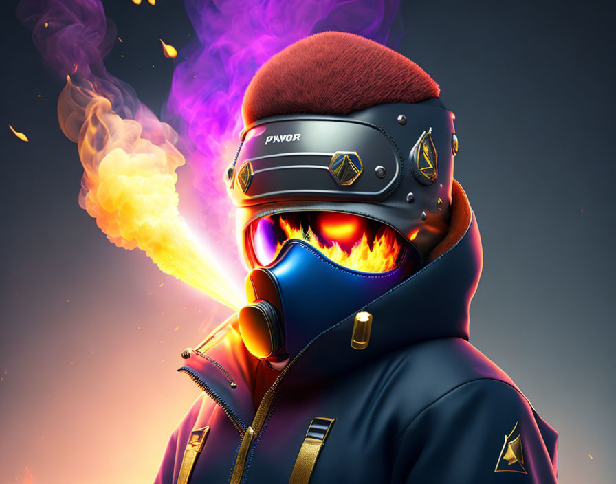 Stylized character in futuristic helmet with visor and gas mask, surrounded by flames and purple smoke