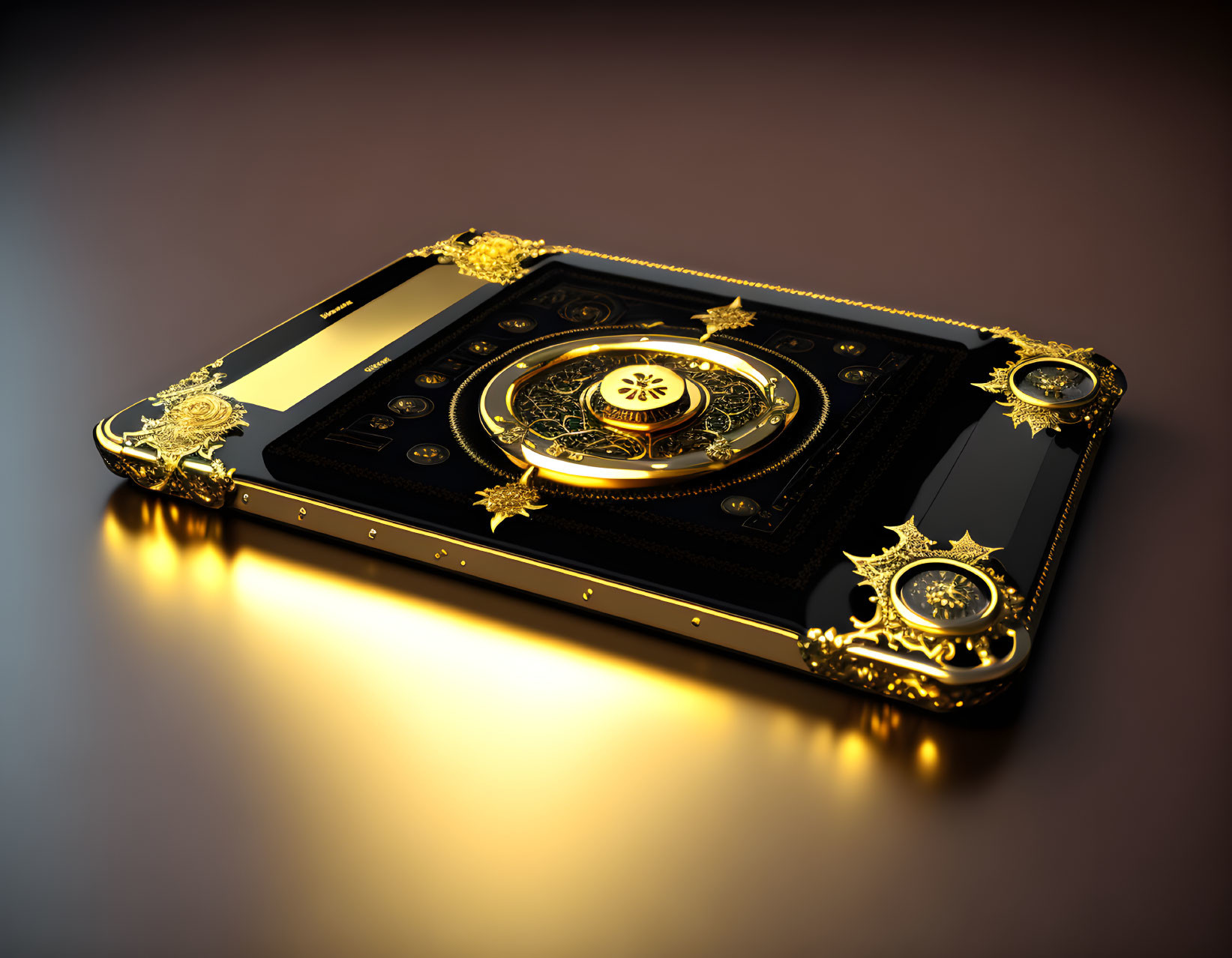 Luxury-themed smartphone with gold accents and ornate clockwork design on sleek black body