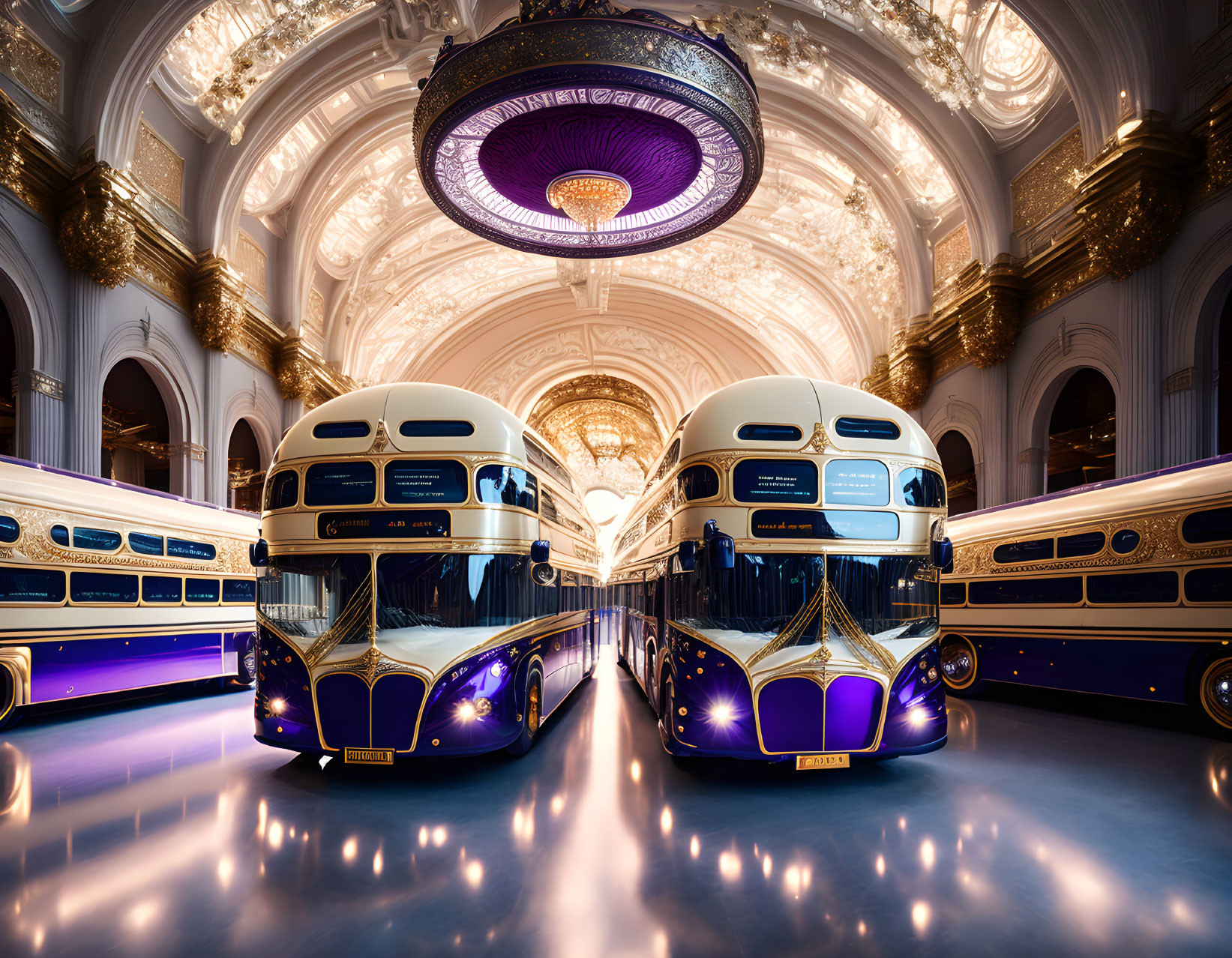 Futuristic buses in opulent hall with grand chandeliers