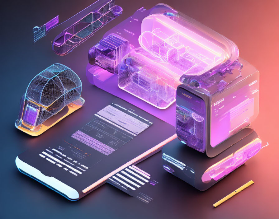 Transparent interfaces with data visualization and code on neon gradient background