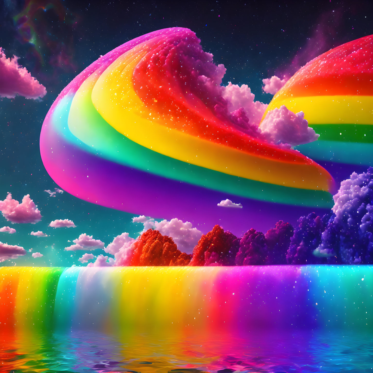 Colorful surreal landscape with rainbow, candy-like texture, water reflection, starry sky.