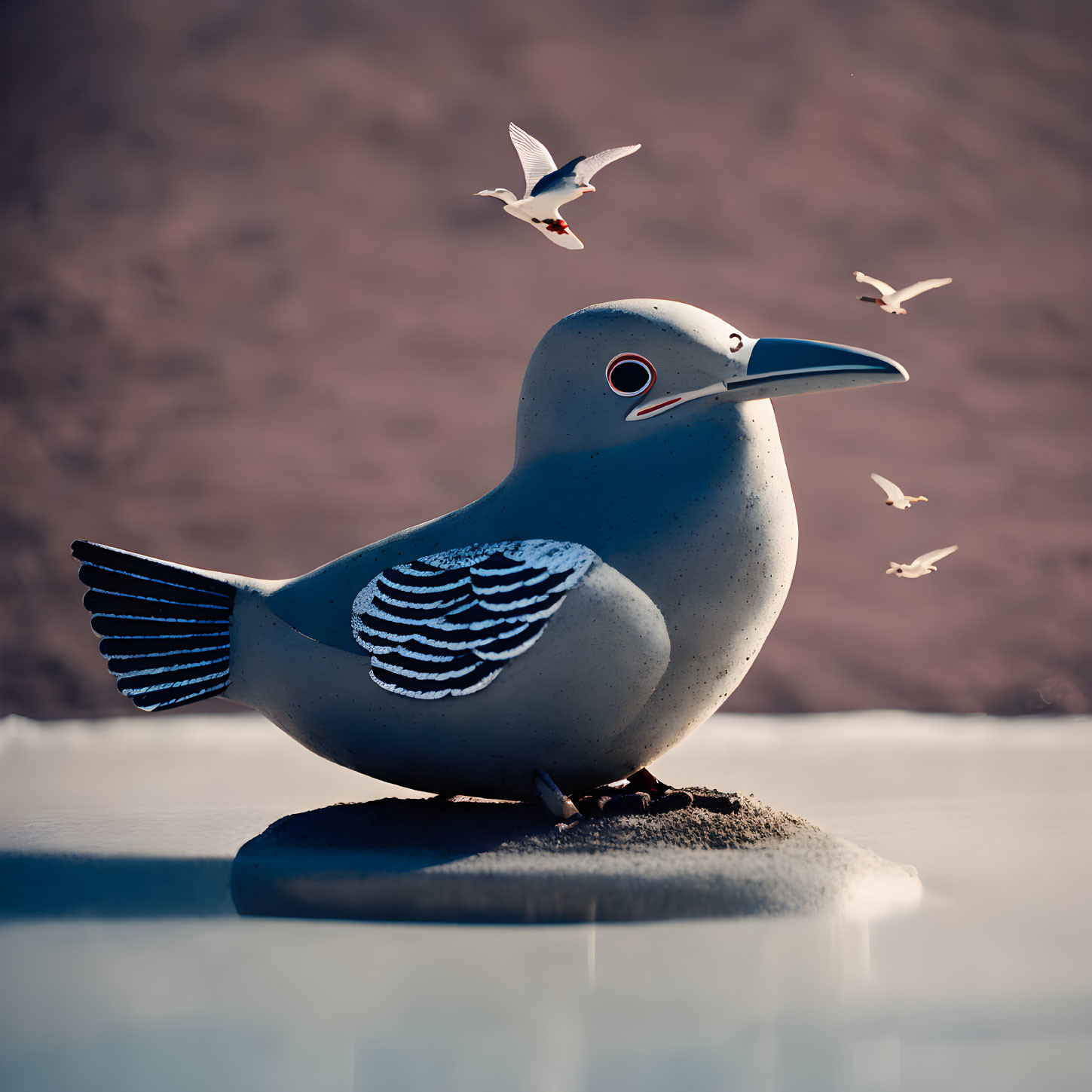 Sculpture of bird with blue and white design on rock with flying seagulls