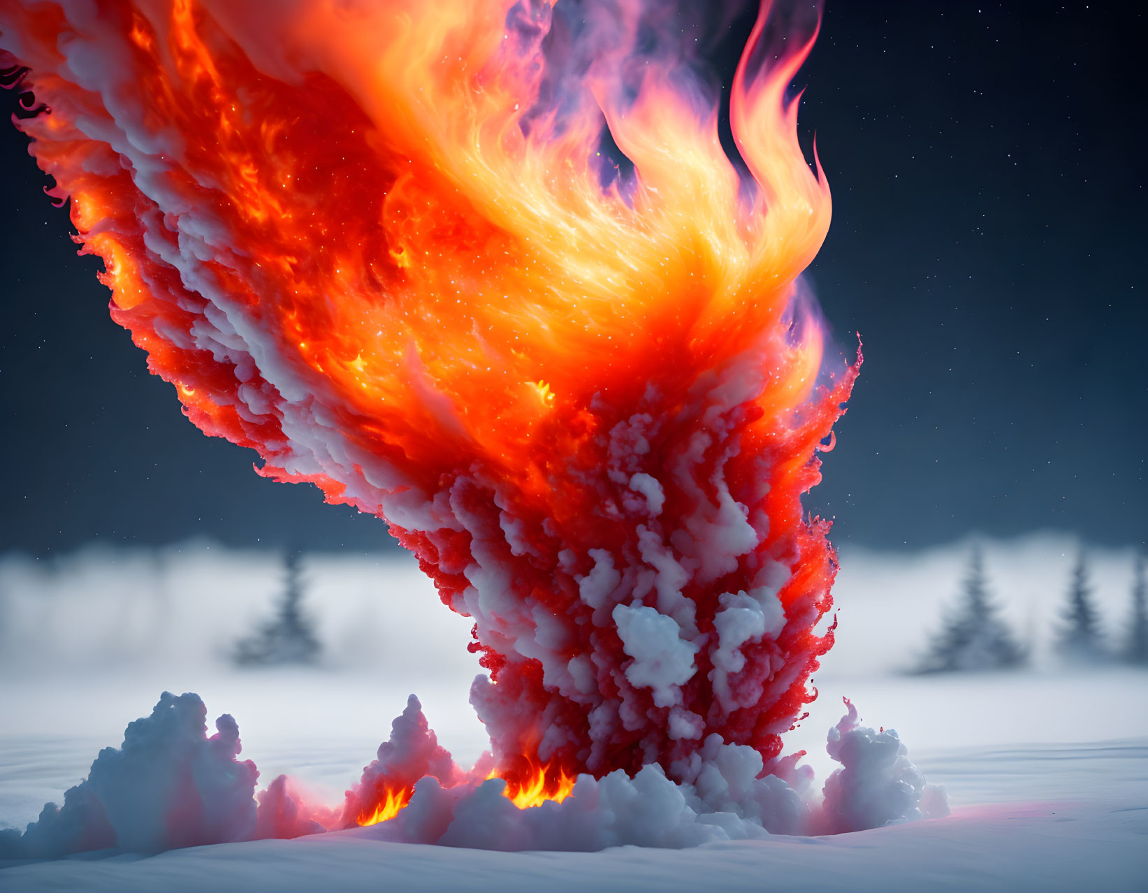 Fiery explosion contrasts snowy landscape under starry sky