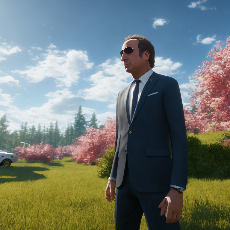 Man in Navy Blue Suit with Sunglasses in Sunny Park with Pink Trees & White Car