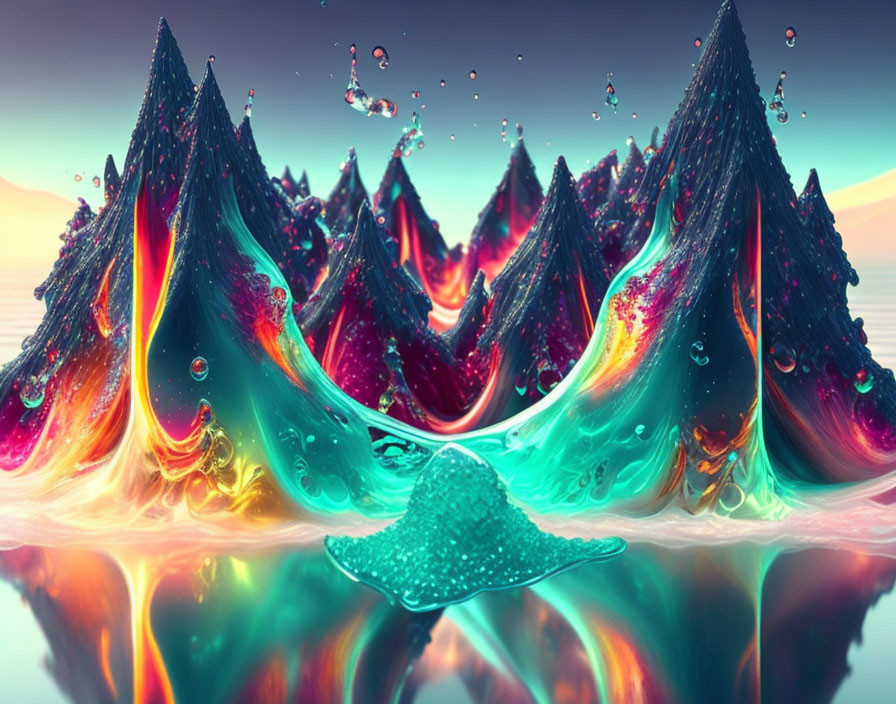 Colorful Liquid Mountains Reflecting Vivid Hues and Suspended Droplets