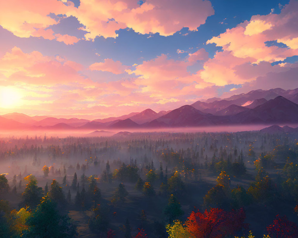 Colorful sunset landscape with misty forests and mountains.