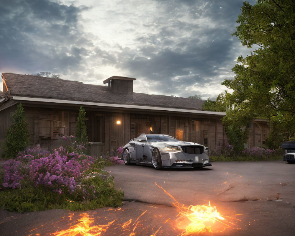 Wide-body kit modified car parked in front of rustic house at sunset with purple flowers and sparks.