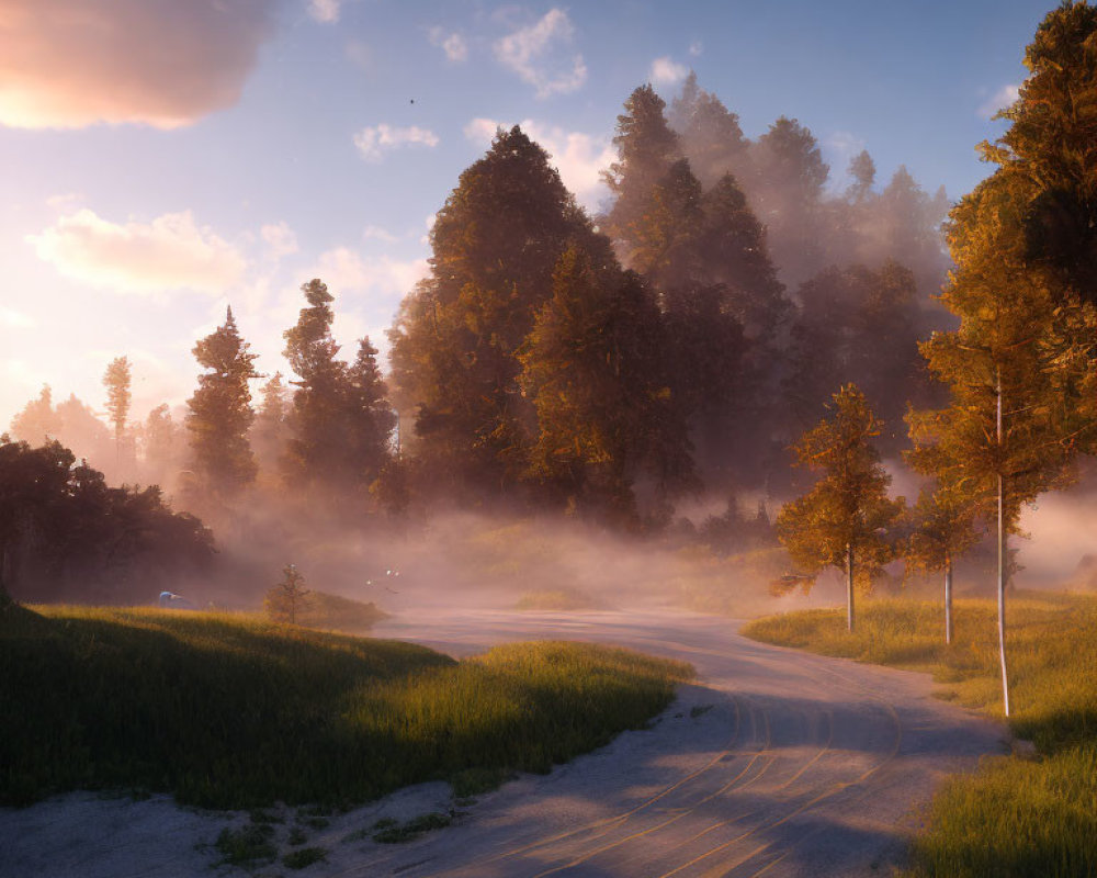 Curved road through misty forest at sunrise