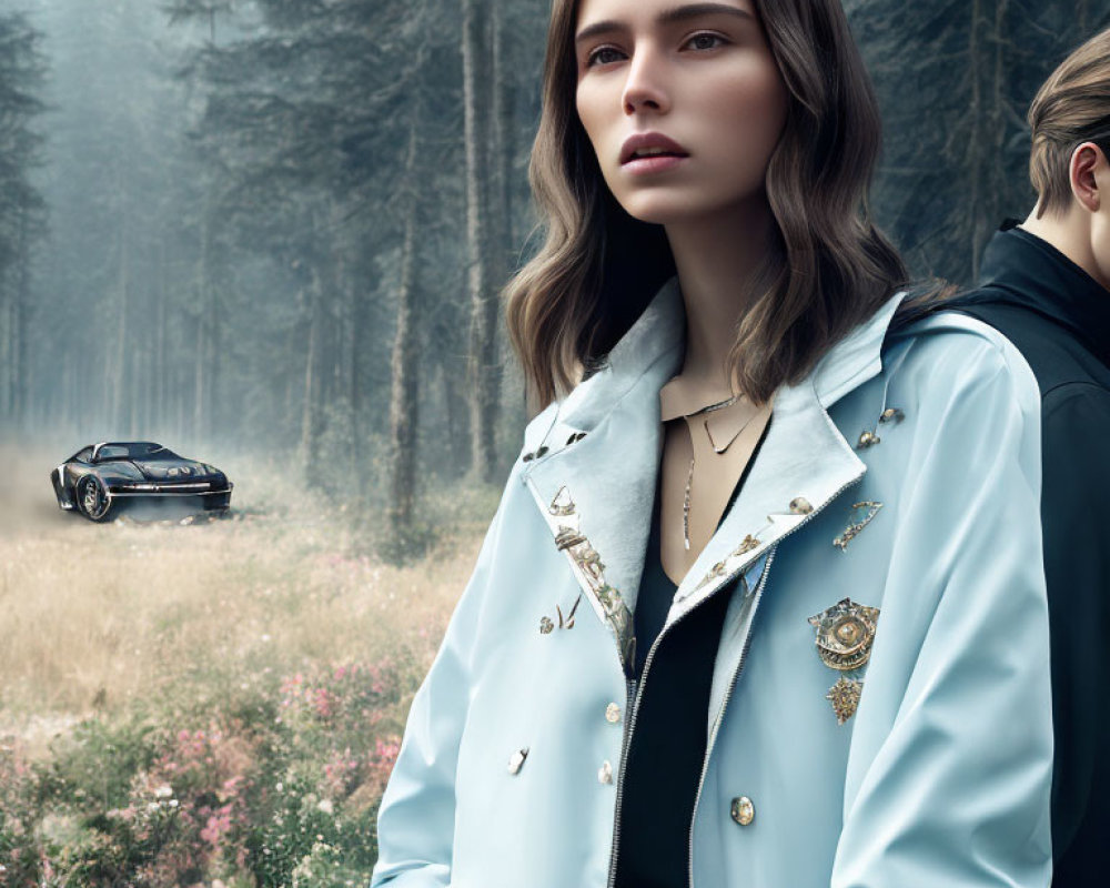 Styled hair woman in light blue jacket in misty forest with black car