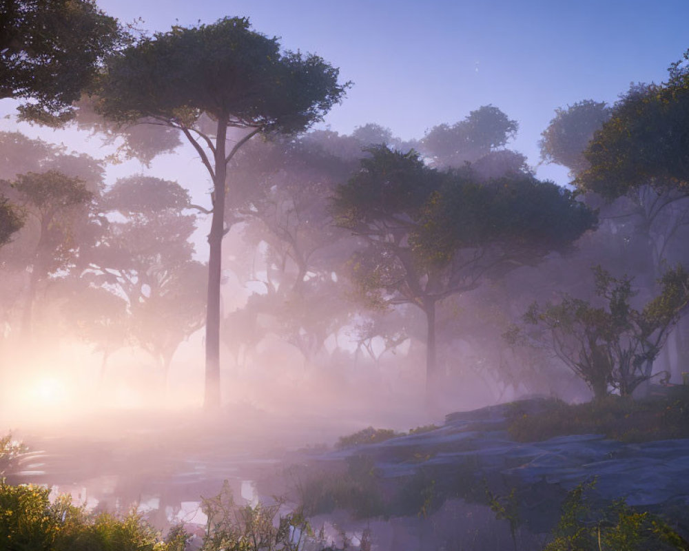 Misty forest at sunrise with towering trees and tranquil pond