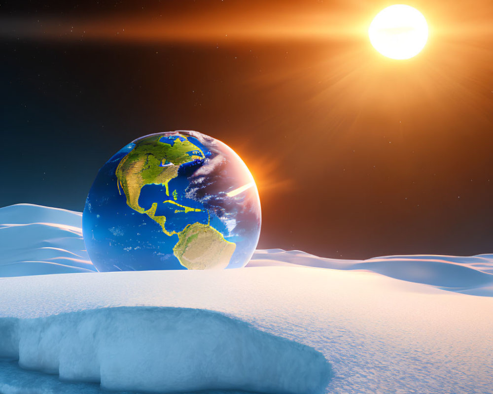 Earth rising over snowy landscape with bright sun and starry sky