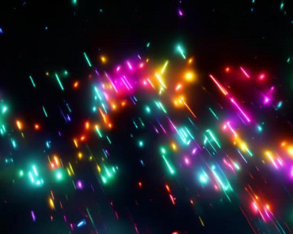 Vibrant multicolored light particles on dark background - dynamic bokeh effect