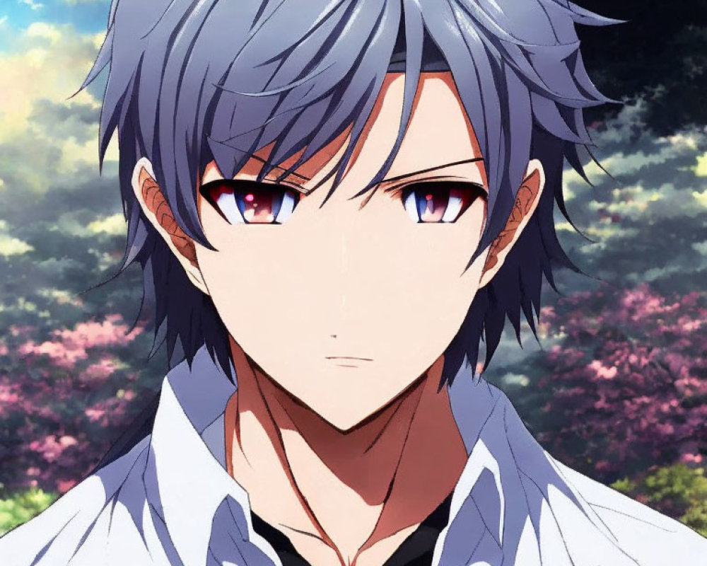 Serious male anime character with messy silver hair, red and blue eyes, white shirt, black collar